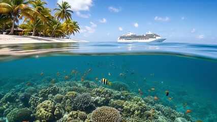 Over-under shot of a cruise ship vacation with a tropical beach above and a colorful coral reef below. - Powered by Adobe