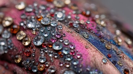 Dazzling macro view of iridescent feather adorned with sparkling gems and dew drops, capturing intricate texture and vibrant colors for luxury designs