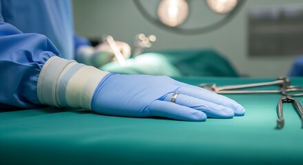Close-up of a surgeon's gloved hand resting on a sterile green surgical drape during an operation, with surgical instruments visible.