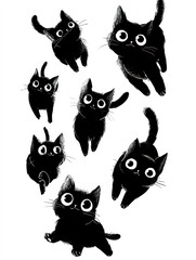 Whimsical Black Cat Collection: An adorable assortment of playful black cat illustrations, each brimming with character, against a vibrant background.