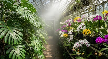 Lush Greenhouse with Monstera and Orchids.
