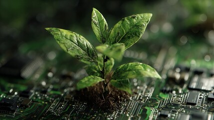 Vibrant green seedling sprouts from intricate circuit board, symbolizing nature's growth and technological integration