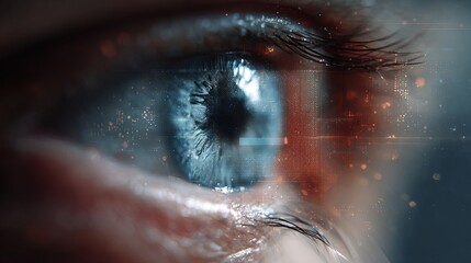 Dynamic digital eye scan with futuristic data overlay, visualizing advanced technology and human perception in high-tech innovation