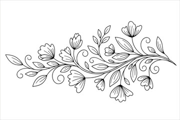 Hand-drawn floral ornament branch with blossom flower and leaf. Decorative plant element. Outline vector illustration for greeting card, wedding invitation, print