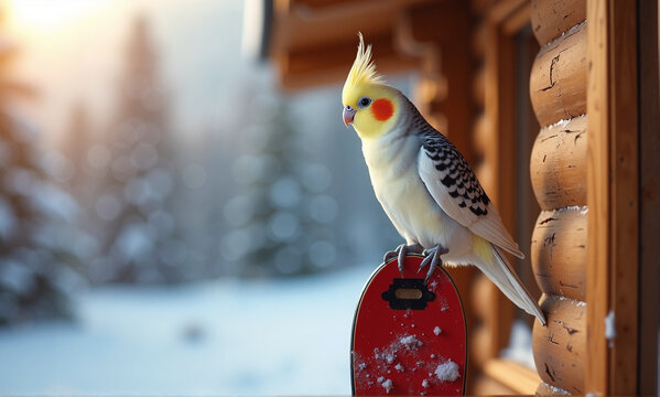 Corella sitting, waiting, a striking corella perched on red surface against snowy background. Beautiful corella portrait is captured in soft light, highlighting its unique features and coloration,