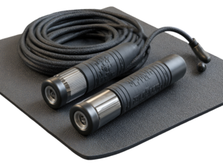 Black jump rope with textured handles resting on a dark gray mat