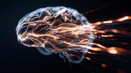 Dynamic neural network with glowing energy pathways, symbolizing artificial intelligence, data processing, and complex thought.