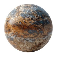 Fototapeta premium Detailed close-up of a stylized, spherical, abstract planet. Its surface displays swirling patterns of muted browns, tans, and grays, with hints of blue and white.