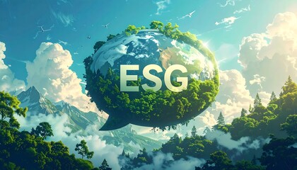 A stylized, floating globe, adorned with lush greenery, rests within a speech bubble above a landscape of mountains, forests, and clouds, conveying a message of environmental consciousness.