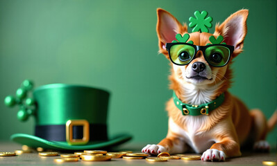 St Patrick's Day chihuahua with shamrock glasses and a green hat is adorable. Festive St Patrick's Day scene showing chihuahua dressed for celebration, and scattered gold coins create fun ambiance.