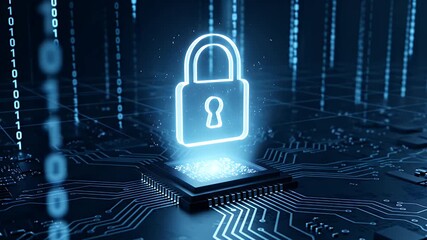 A glowing padlock icon on a computer chip representing cybersecurity and data protection technology. - Powered by Adobe