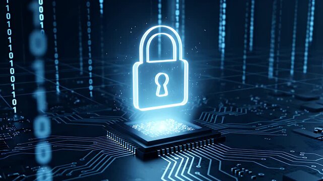 A glowing padlock icon on a computer chip representing cybersecurity and data protection technology.