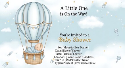 Whimsical baby shower invitation featuring a sleeping baby in a hot air balloon design