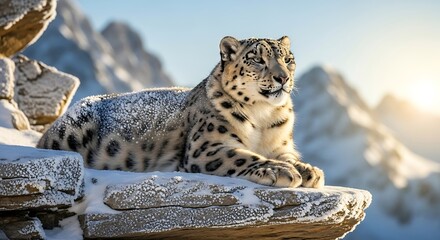 A majestic snow leopard rests on a rocky, snow-covered outcrop, with a backdrop of sunlit mountains.