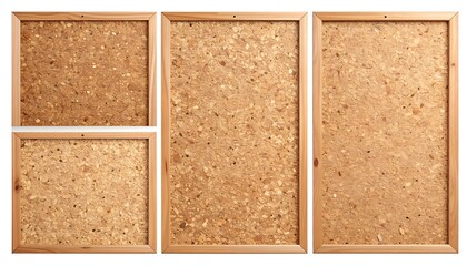 Fototapeta premium Four framed corkboards of various sizes display a natural, textured surface.