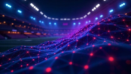 Futuristic sports analytics concept with a glowing blue and red digital data network covering the field of an empty stadium