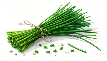 A vibrant illustration showcases a bunch of fresh chives, tied with a piece of natural twine, and scattered chopped chives against a bright white background.