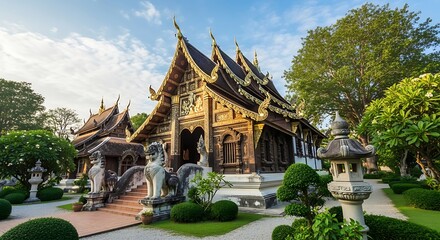 Magnificent traditional thai architecture with temple complex and natural garden surroundings