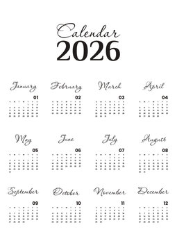 Vector illustration. Minimalist Calendar 2026 on white background printable template a4. Week starts on Sunday