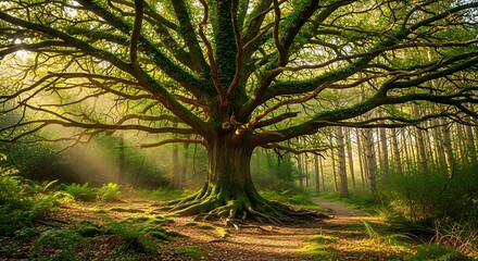 Majestic ancient oak tree bathed in ethereal sunlight within a vibrant woodland landscape