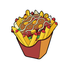 Delicious loaded chili cheese fries with onions advertisement banner