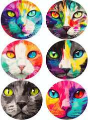 Fototapeta premium Vibrant Cat Portraits: A collection of six colorful cat portraits, showcasing the striking beauty of felines in a riot of colors, each with unique hues.
