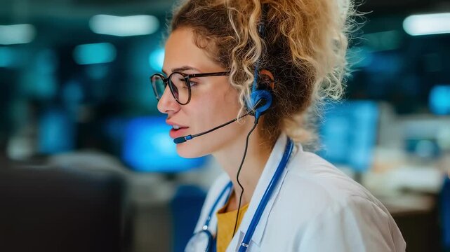 Focused healthcare analyst in medium shot using voice recognition software for virtual triage blurred telehealth staff and equipment in background.