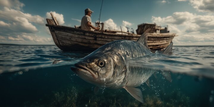 A fisherman in a boat is unaware of a giant fish lurking just beneath the water&rsquo;s surface. The image captures a moment of suspense and nature&rsquo;s hidden surprises.