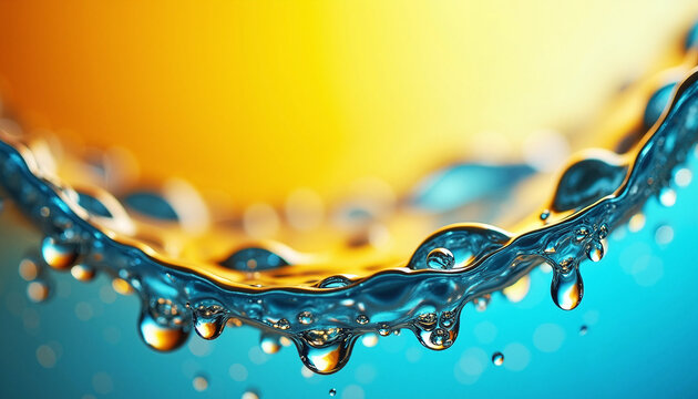 Water background shows macro photography of liquid surface with blue and orange gradient. Surface water background for design projects, water shows light reflections and bokeh circles.