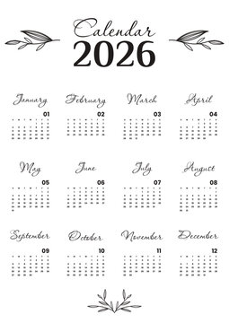 Vector illustration. Minimalist Calendar 2026 on white background with leaves printable template a4. Week starts on Sunday