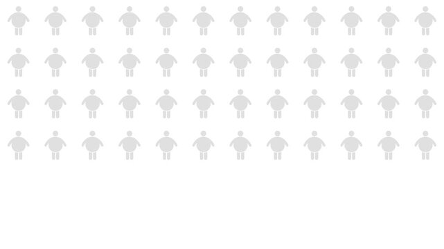 Grey icons of obese figures increasing from left to right, infographic animation. Symbolizing lifestyle diseases and health risks. 4K pictogram motion graphic with blur and opacity animations