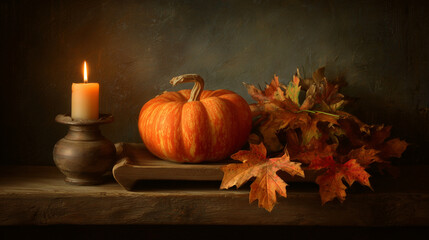 Autumn still life with pumpkin, candle, and maple leaves on a wooden desk, warm painterly look