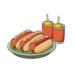 Mini hot dogs in buns with assorted dipping sauces illustration