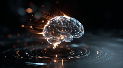 Brilliant digital brain pulsating with data and light, symbolizing advanced AI, cognition, and future technology in a futuristic abstract space.