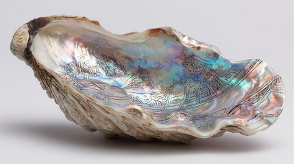 Stunning iridescent seashell intricately carved with a detailed Asian village scene, a unique natural art piece evoking wonder and exotic travel.