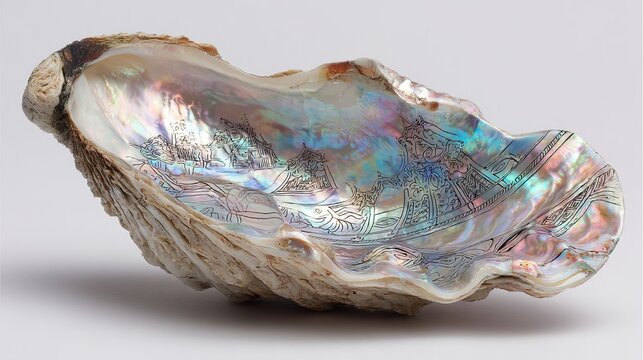 Stunning iridescent seashell intricately carved with a detailed Asian village scene, a unique natural art piece evoking wonder and exotic travel.