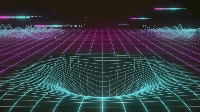 Neon grid imploding towards vanishing point with data vortex &ndash; Suitable for cyber design, abstract technology visuals, or futuristic branding
