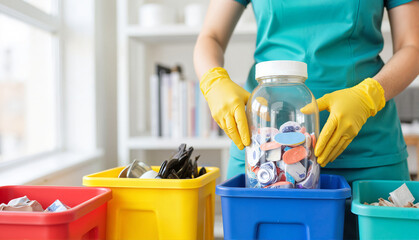 Medical waste segregation with a person in yellow gloves placing recyclables into colored bins, indoor modern setting, eco-friendly concept of healthcare facilities