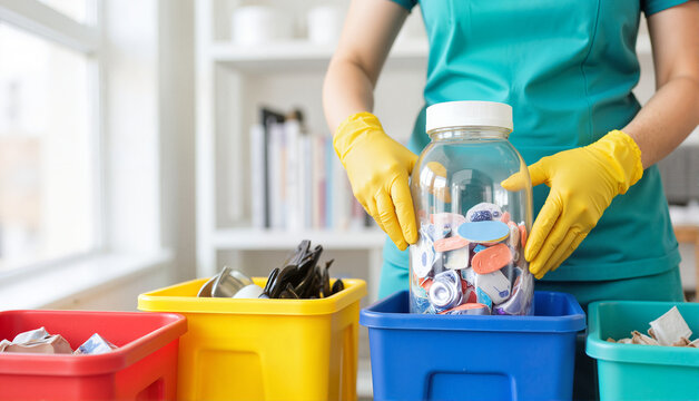 Medical waste segregation with a person in yellow gloves placing recyclables into colored bins, indoor modern setting, eco-friendly concept of healthcare facilities