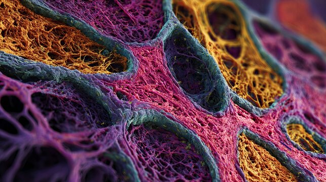 Vibrant microscopic cellular structures reveal intricate biological networks and complex organic textures in vivid detail, perfect for scientific discovery.