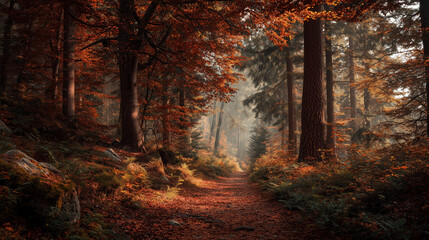 Obraz premium Path through dense autumn forest, glowing leaves falling softly, warm tones