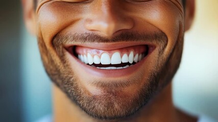 Close-up of smiling caucasian young adult man with beard and perfect teeth