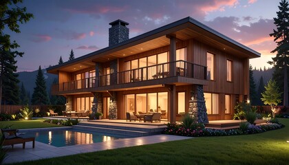 A large, modern wooden home with a pool and patio, nestled in a tranquil mountain setting, bathed in the warm glow of twilight.