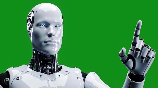 A robotic figure giving a presentation gesture against a green screen background with a metallic body and detailed mechanical limbs.