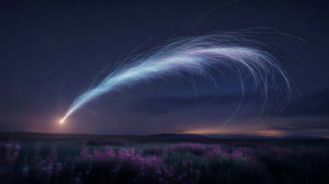 Shooting star with glowing trail over wildflower field – Ideal for cosmic beauty themes, mindfulness campaigns, or stargazing content.