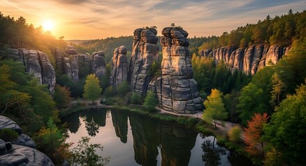 Majestic Sandstone Towers Reflecting in a Lake at Sunset.