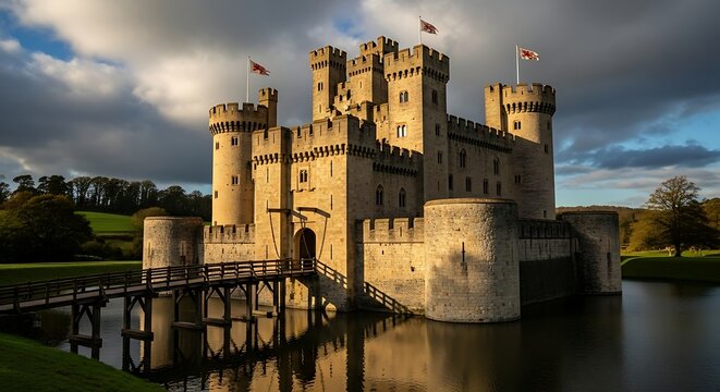 Medieval Castle with Drawbridge and Moat.