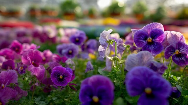 Sharply focused pansy blooms in a welllit setting surrounded by a soft blur of assorted annuals ready for bulk supply packing.