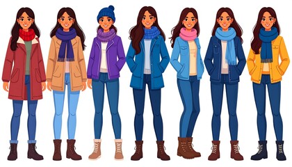 Fototapeta premium Colorful winter outfits for women in various styles displayed against a plain white backdrop.