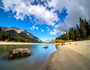 Serene lake vista with a tranquil shoreline, featuring a calm body of water reflecting a picturesque mountain range and a sandy beach lined with lush evergreen trees under a partly cloudy, vibrant...